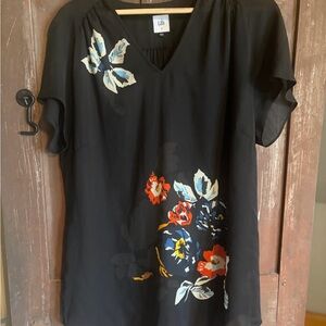 CAbi Black Top with Colorful Floral Design